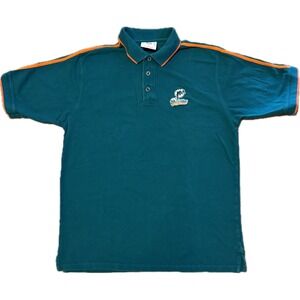 VTG NFL Miami Dolphins Polo Shirt Mens Large Teal Orange Stripe Embroidered Logo